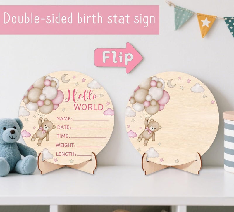 Andrain Double-Sided Wooden Newborn Birth Sign, Pink Bear Baby Announcement Sign, Girl Bear Hello World Name Sign for Hospital, Gift for New Mom Baby Shower, Photography Prop - Image 2